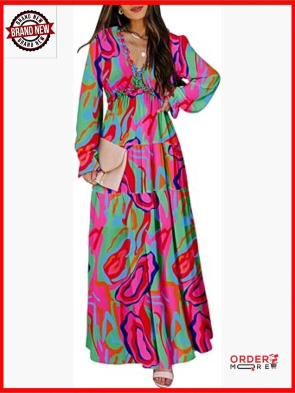 Boho Floral Printed V-Neck Long Sleeve Maxi Dress